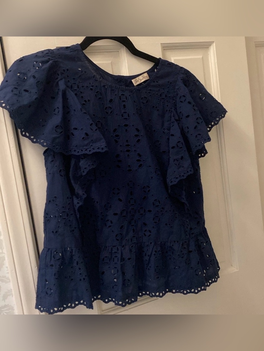 LoveShackFancy Eyelet Ruffle Navy Women’s Top